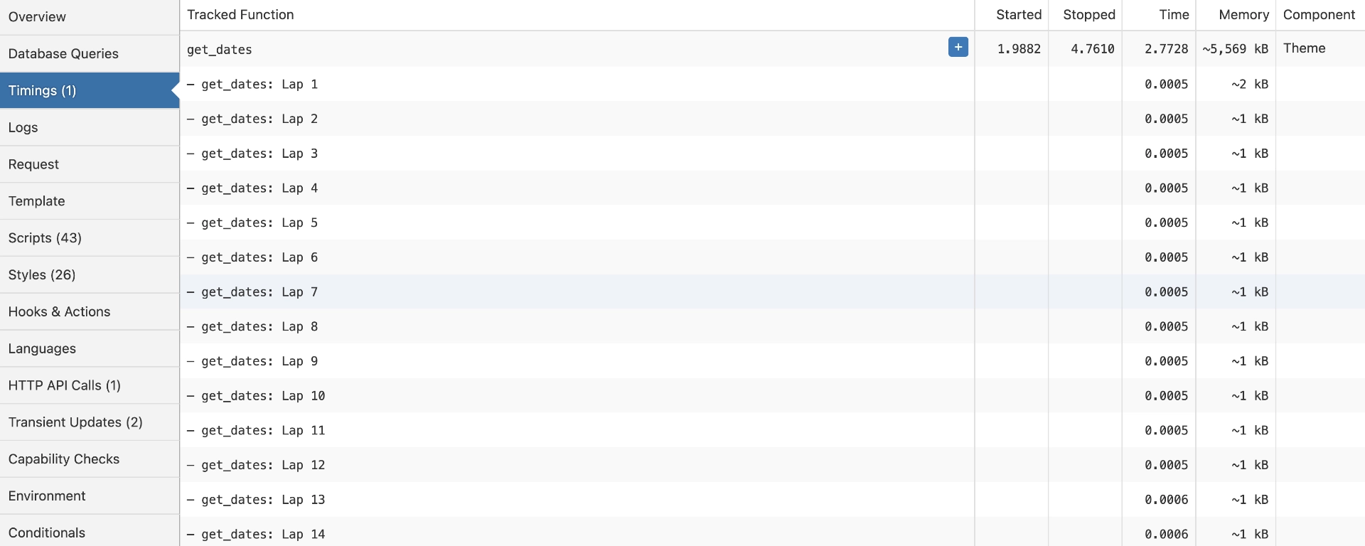 query monitor timings panel