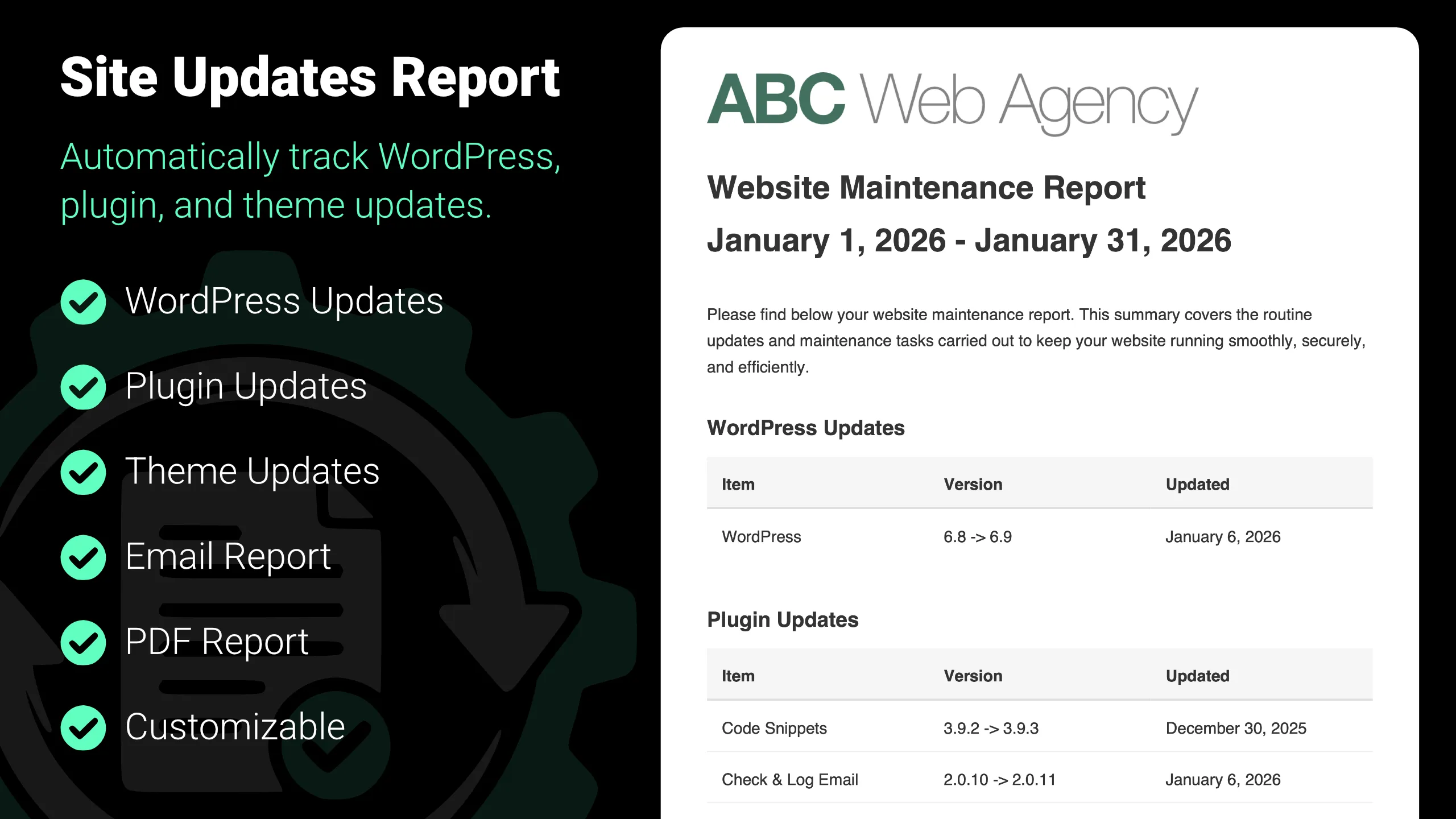 site updates report screenshot