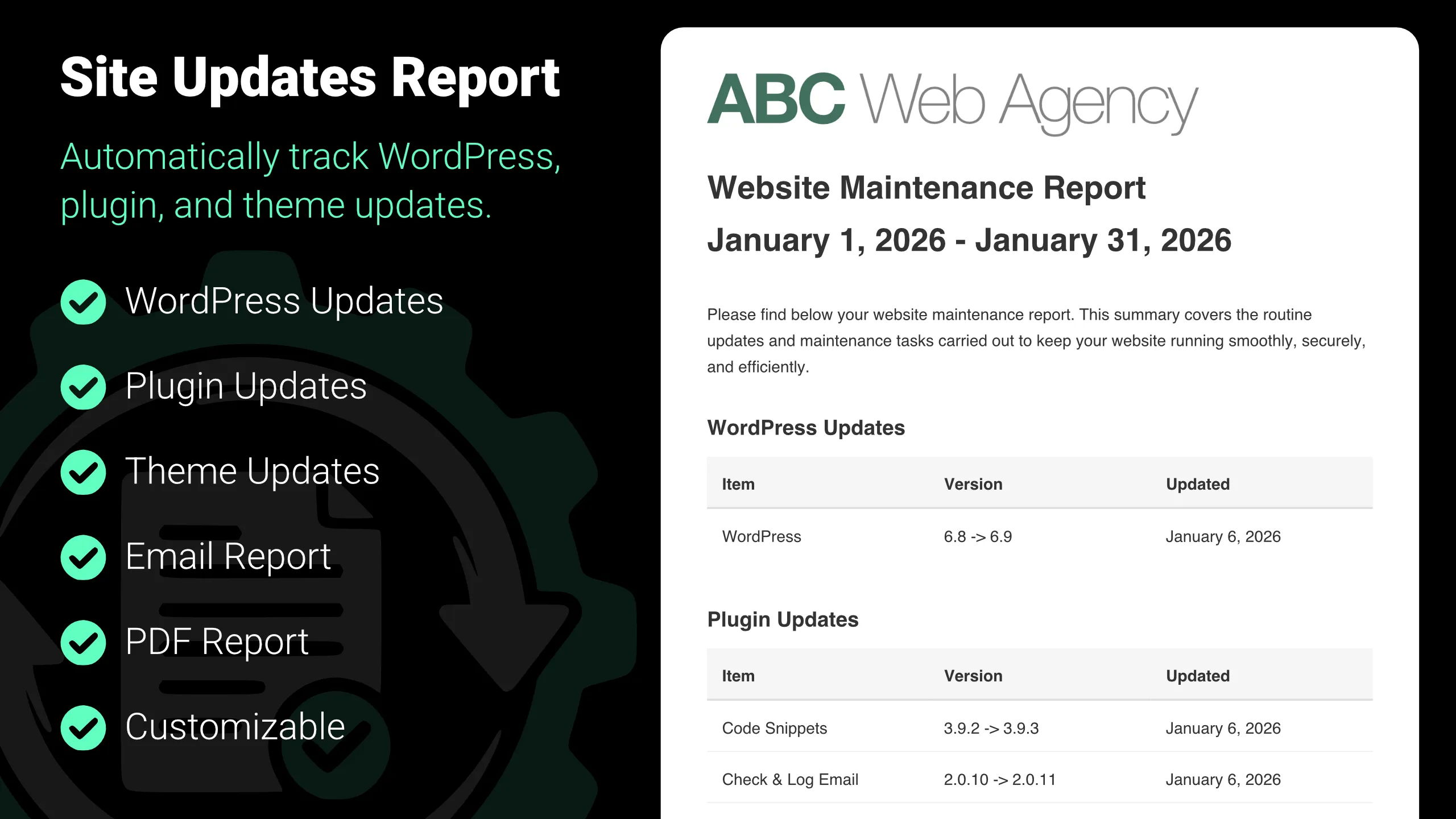 site updates report screenshot