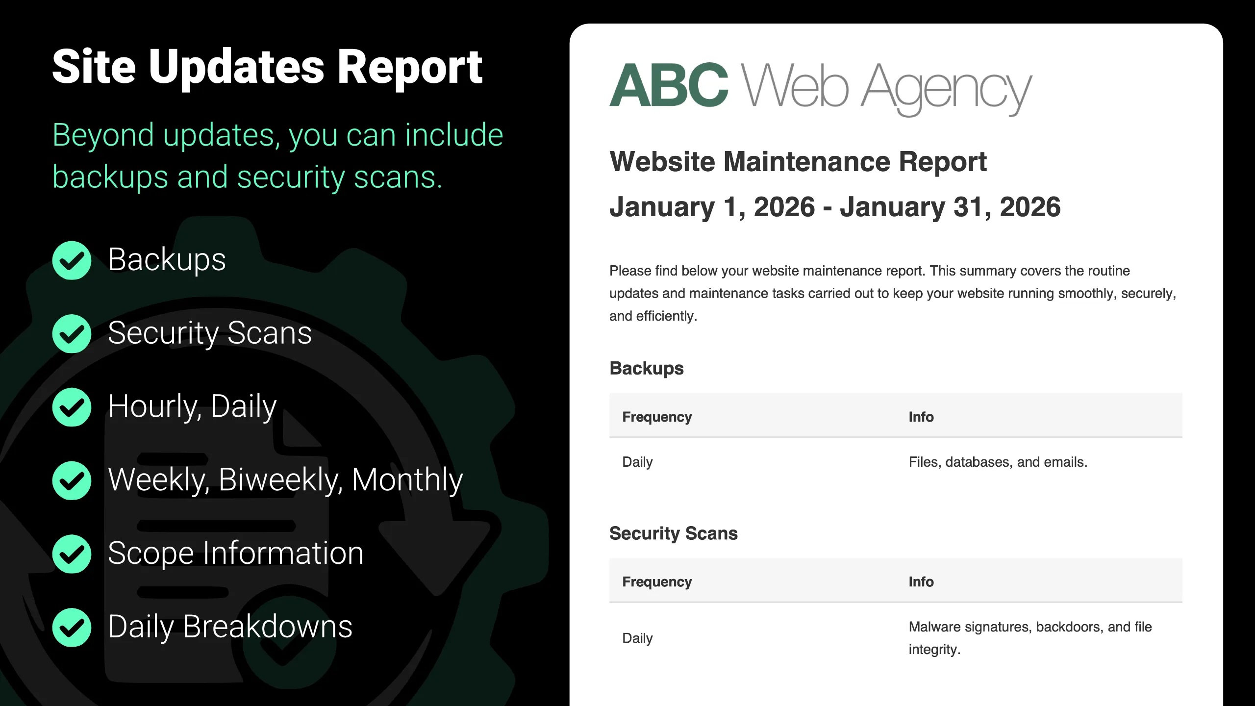 site updates report with backups security scans